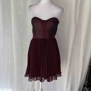 Tibi Strapless Pleated Wine Chiffon Dress